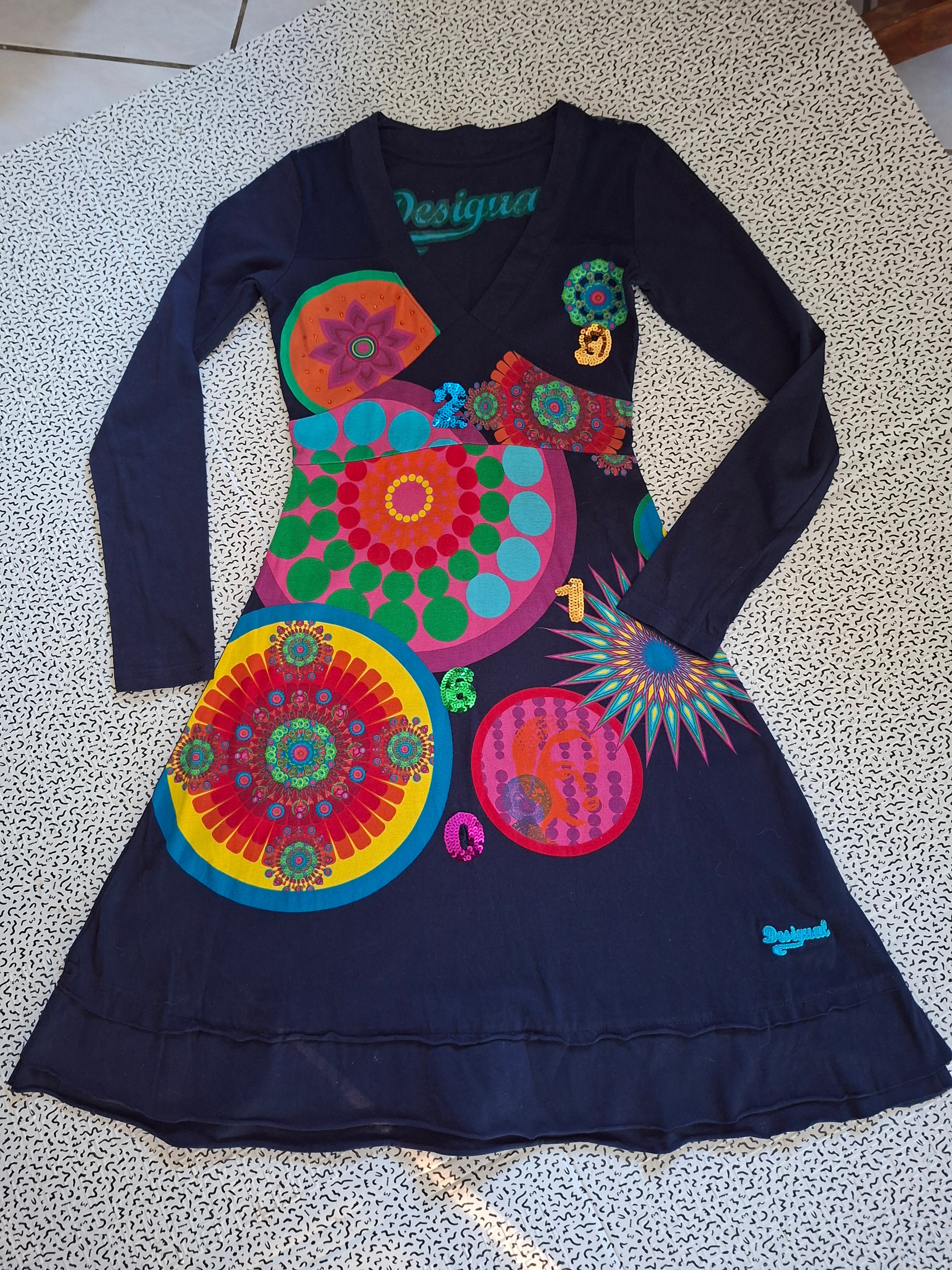 Robe Desigual femme S bleu marine multicolore sequins 100% coton