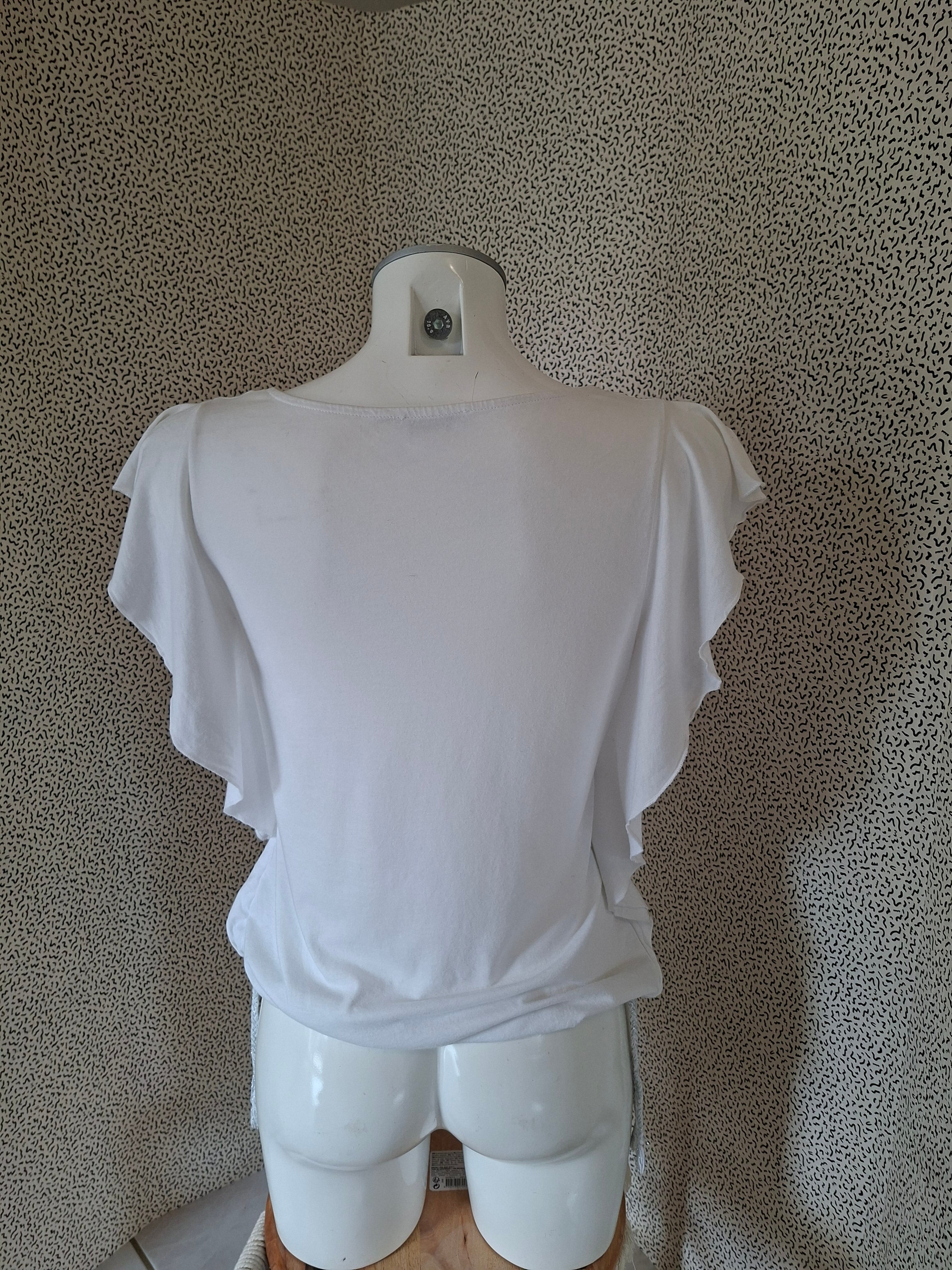 🤍 Top blanc femme Promod – manches volantées – broderies & sequins – S/M