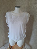 🤍 Top blanc femme Promod – manches volantées – broderies & sequins – S/M