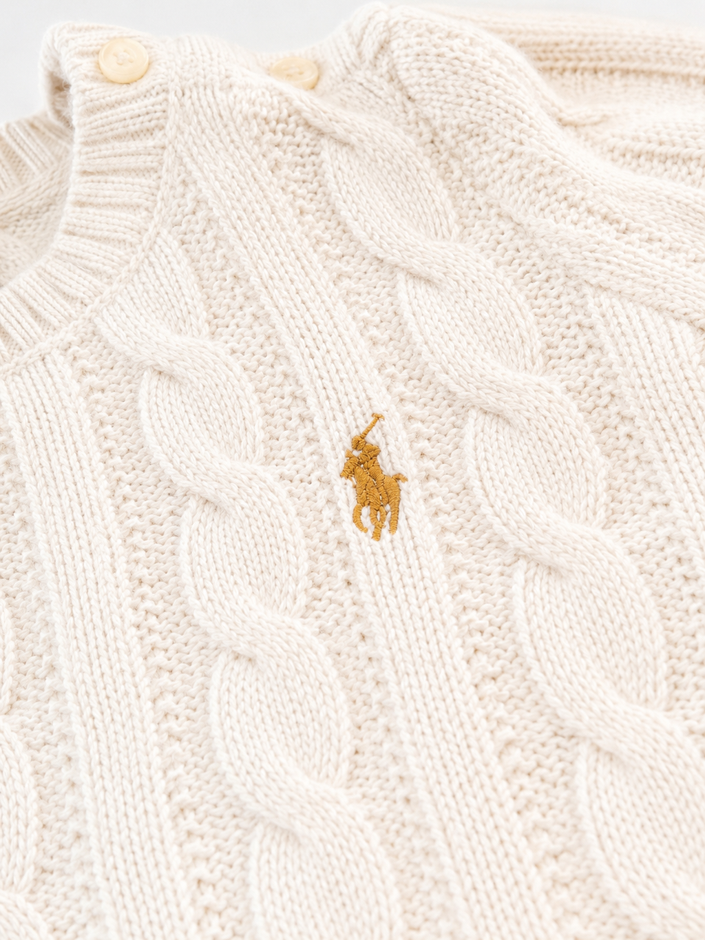 Pull torsadé blanc écru pailleté Polo Ralph Lauren - bébé 2 ans - seconde main - logo brodé vue de prêt