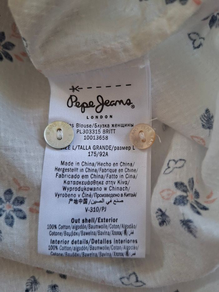 Chemise fleurie Pepe Jeans London femme taille L 100% coton blanc rose bleu