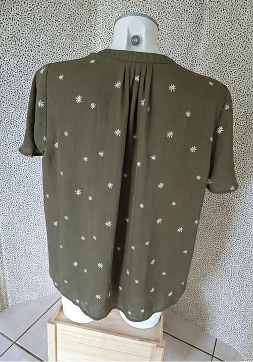 Blouse femme kaki à fleurs marguerites Kiabi T42/44 manches courtes