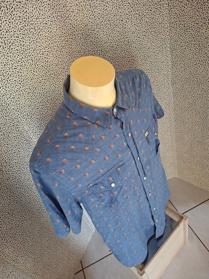 Chemise Salt Valley Western Homme L Bleu Denim Pois Boutons Pression Coton
