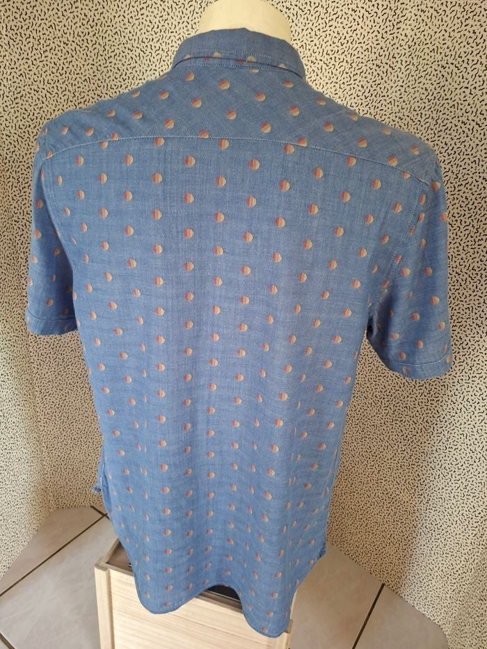 Chemise Salt Valley Western Homme L Bleu Denim Pois Boutons Pression Coton