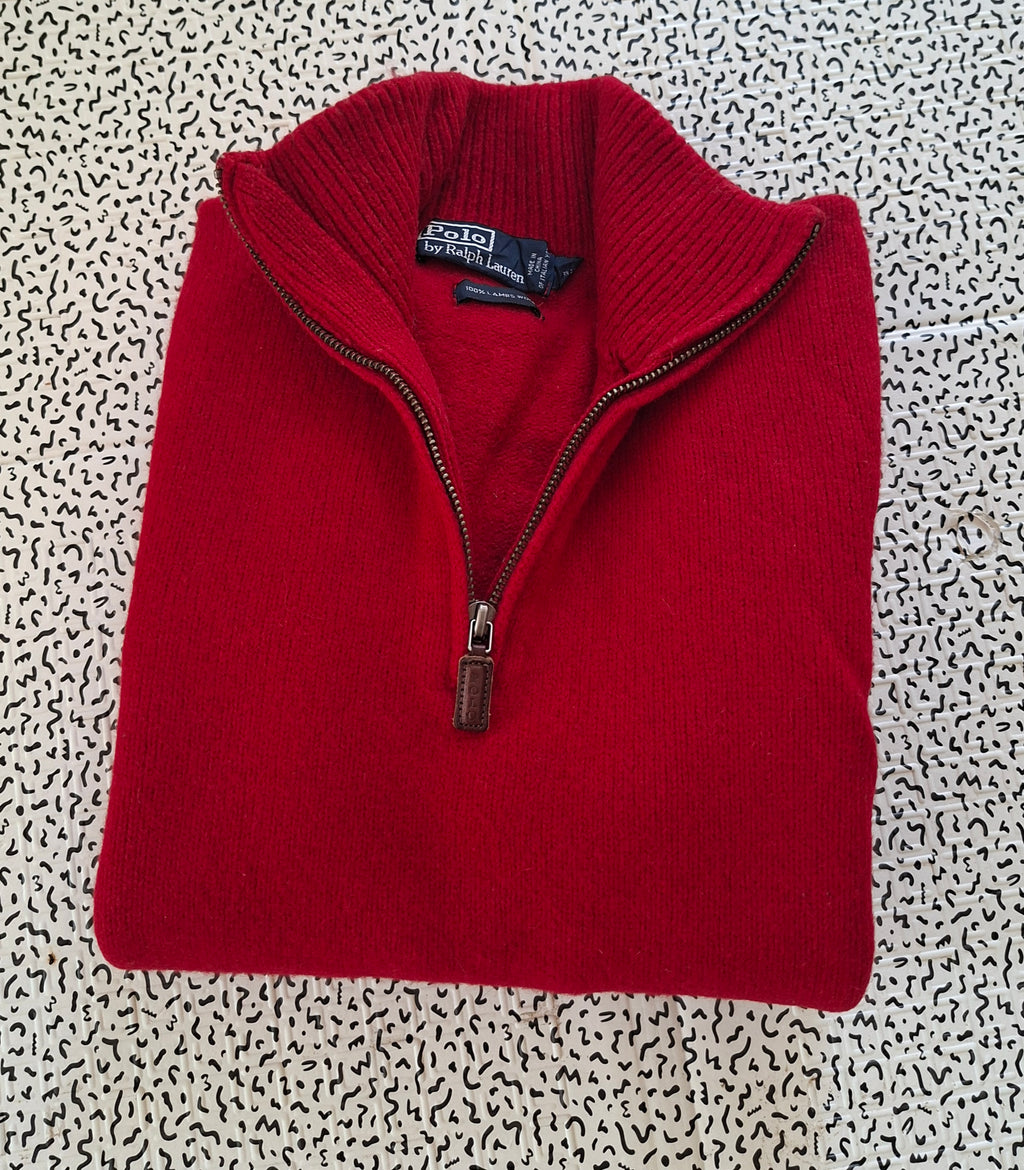 Vintage Polo by Ralph Lauren enfant M 10-12 ans – Pull 100% Lambswool rouge demi-zip