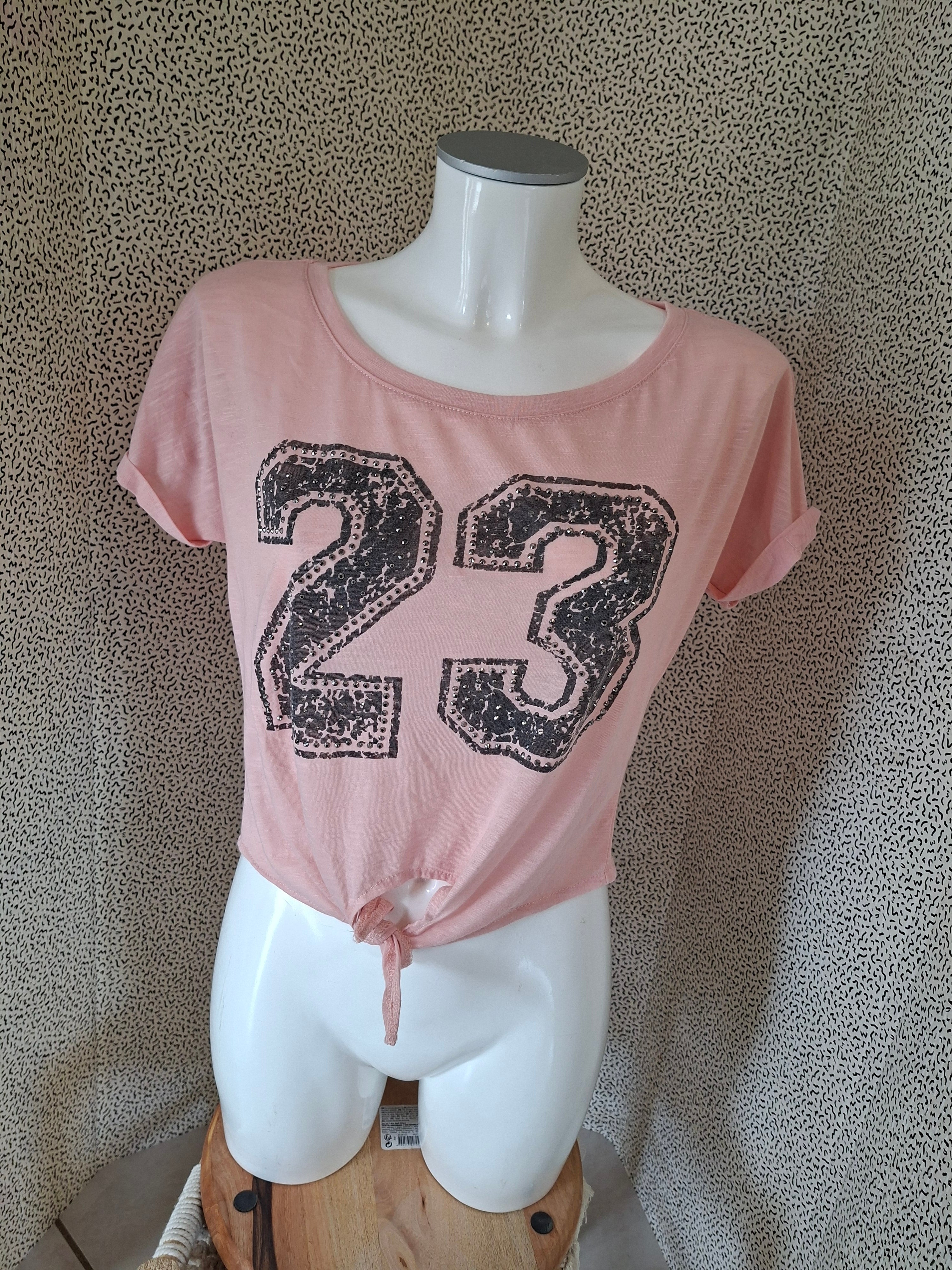 🌸 Top femme rose Pink Studio – motif 23 strass – noué devant M