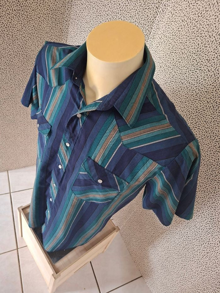 Chemise Wrangler Western homme XL rayée bleu turquoise boutons-pression nacrés