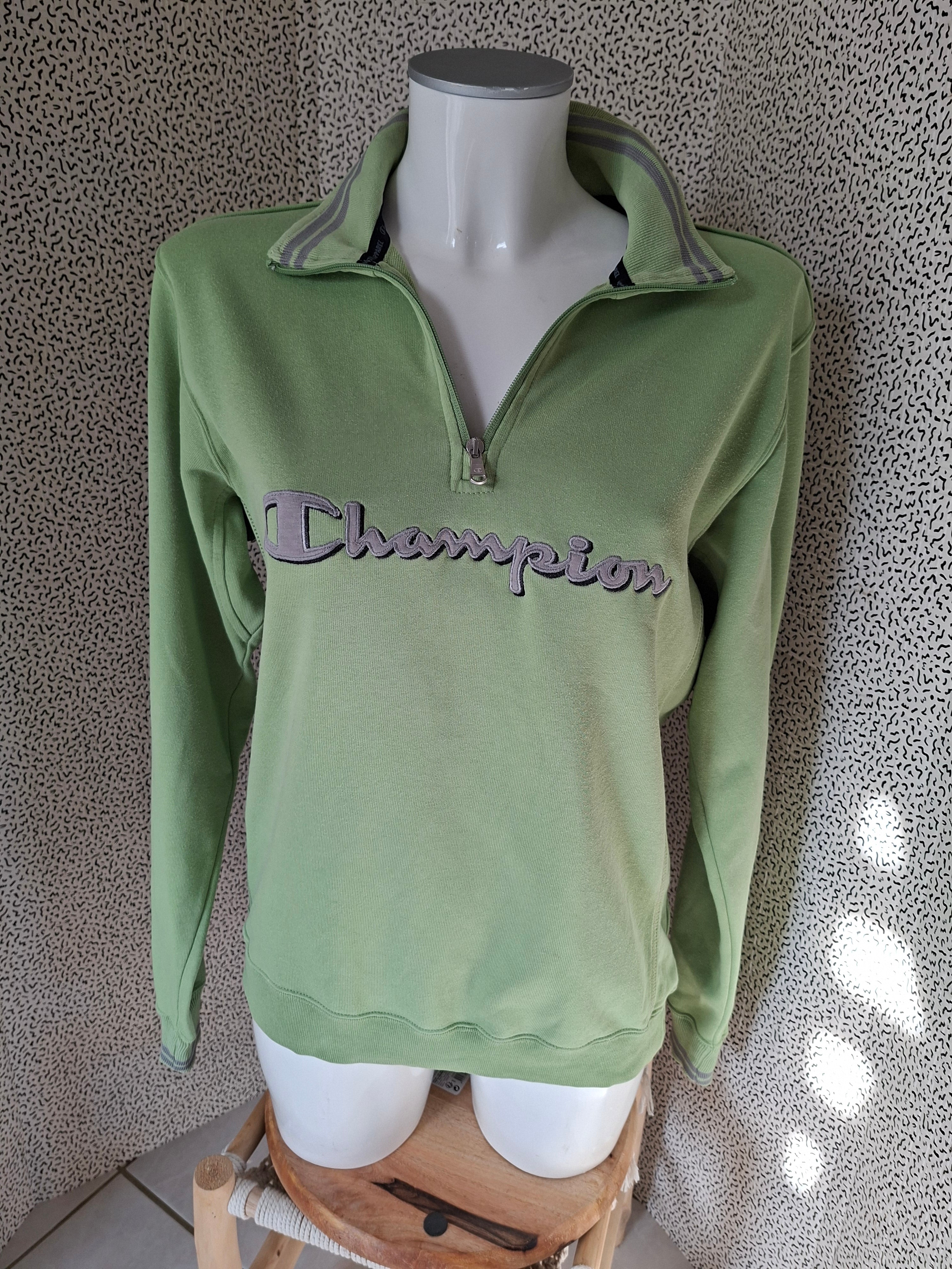 Titre : Sweat Champion femme M vert pastel col zippé 1/4 logo brodé vintage