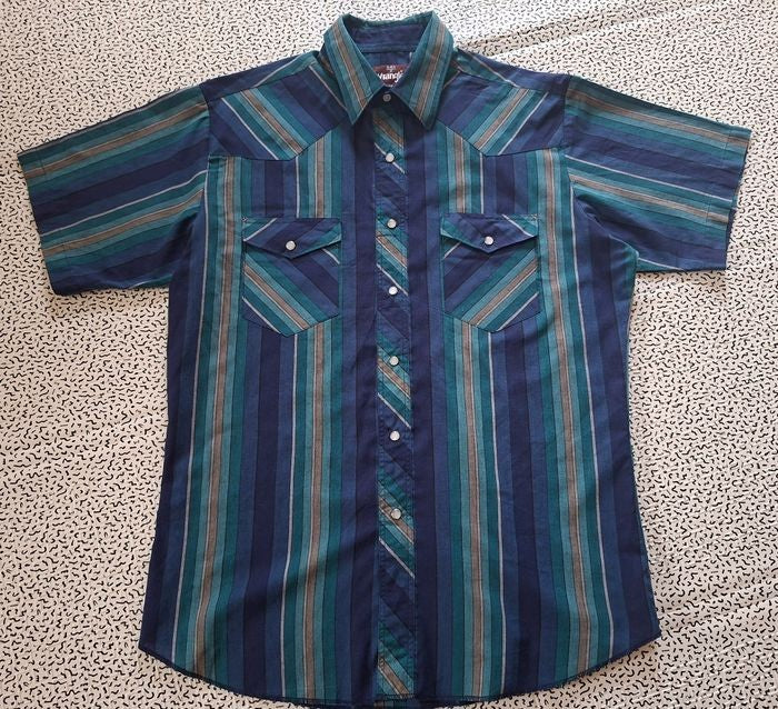 Chemise western Wrangler homme XL rayée bleu turquoise boutons-pression nacrés - seconde main