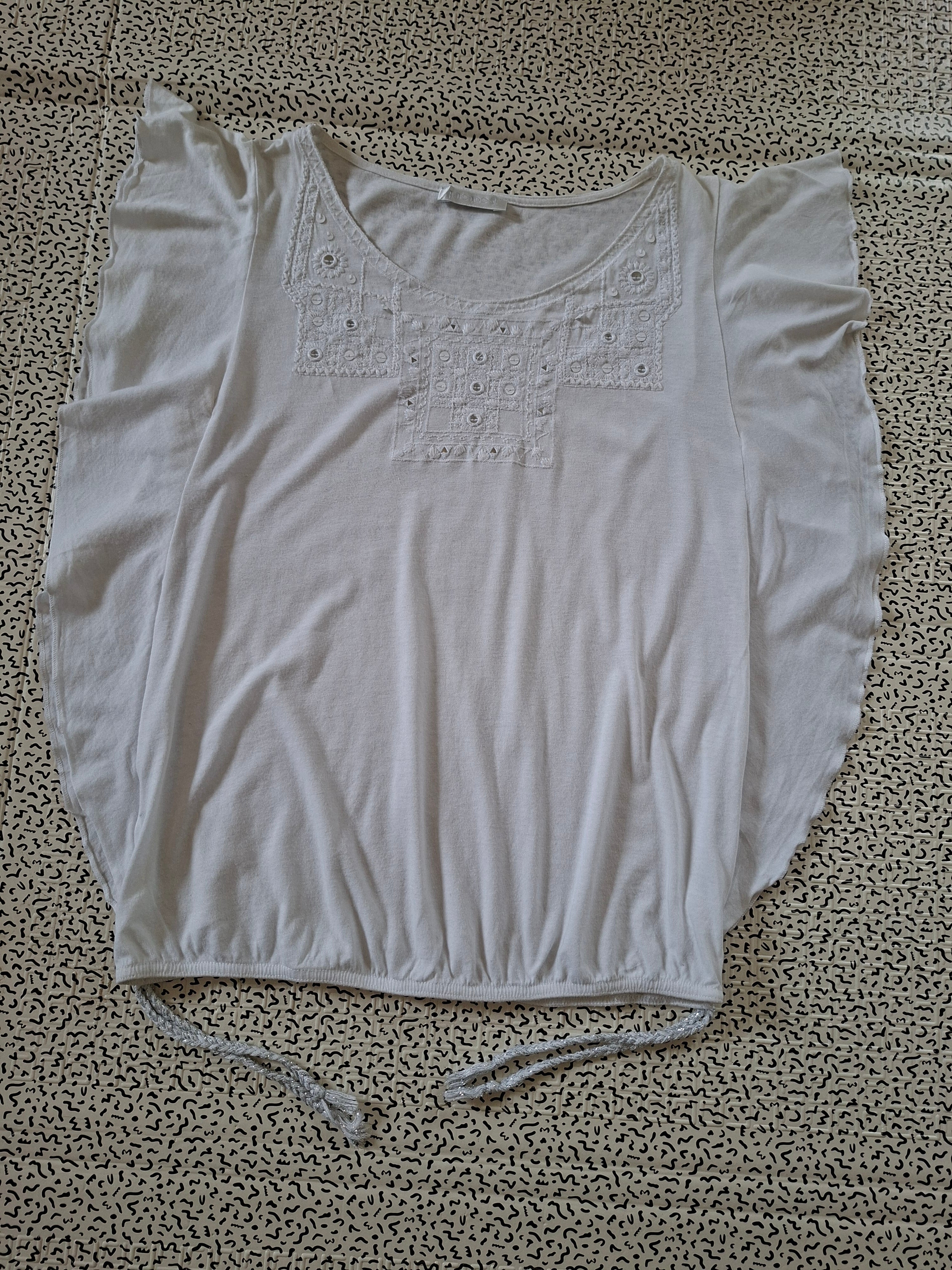 🤍 Top blanc femme Promod – manches volantées – broderies & sequins – S/M