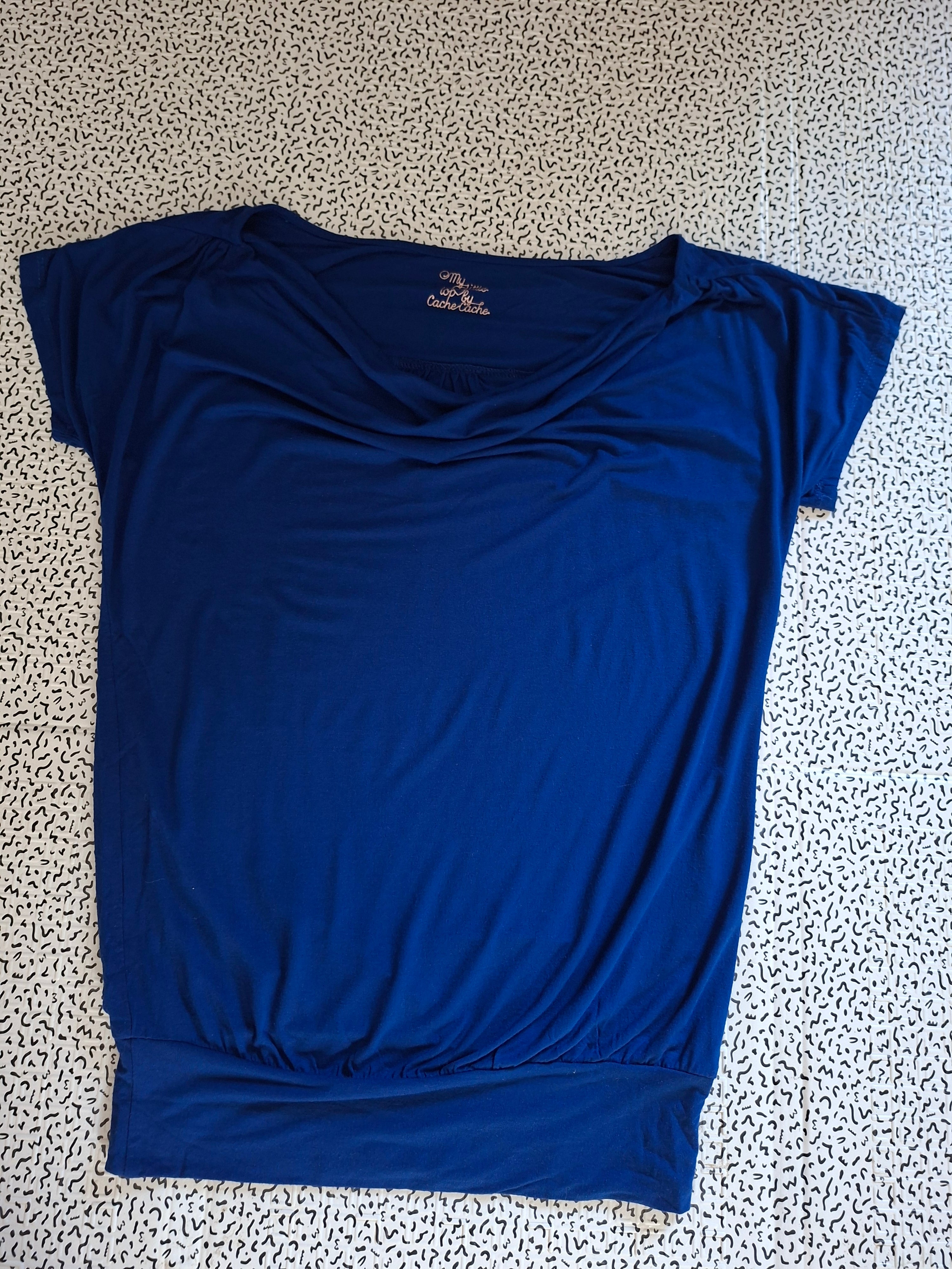 Top femme Cache Cache bleu – col bénitier drapé – fluide T40