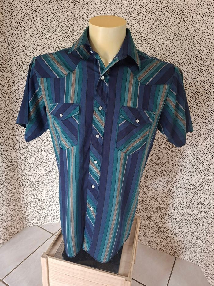 Chemise Wrangler Western homme XL rayée bleu turquoise boutons-pression nacrés