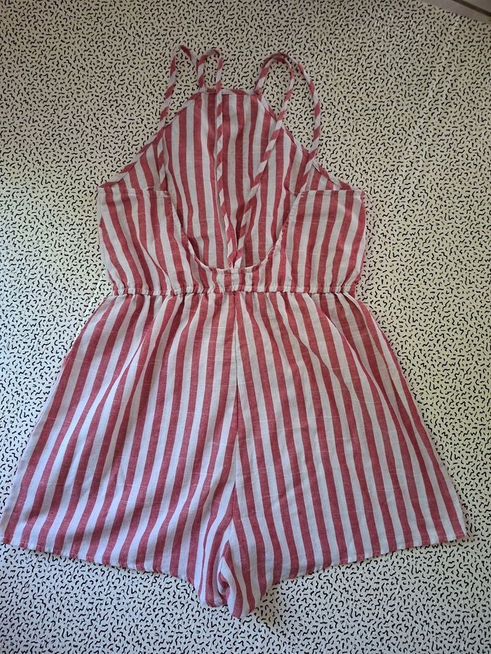 Combishort rayé rouge clair et blanc dos nu femme T38/M 100% coton