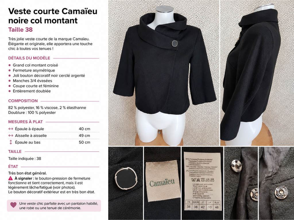 Veste courte Camaïeu noire col montant taille 38