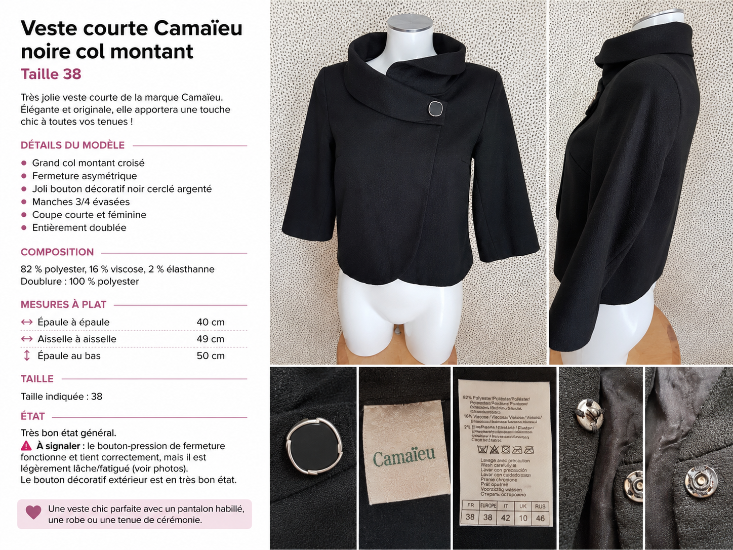 Veste courte Camaïeu noire col montant taille 38