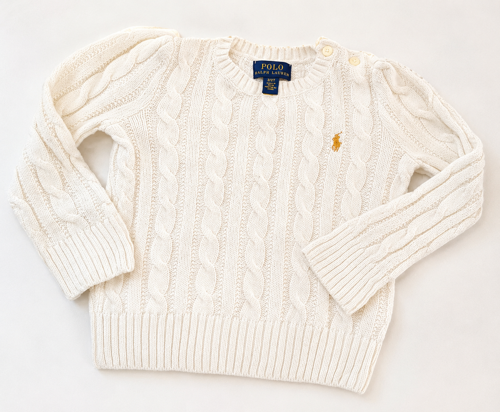 Pull torsadé blanc écru pailleté Polo Ralph Lauren - bébé 2 ans - seconde main vue de face