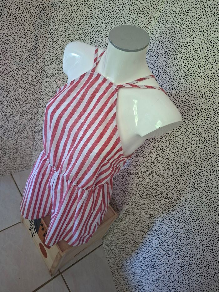 Combishort rayé rouge clair et blanc dos nu femme T38/M 100% coton