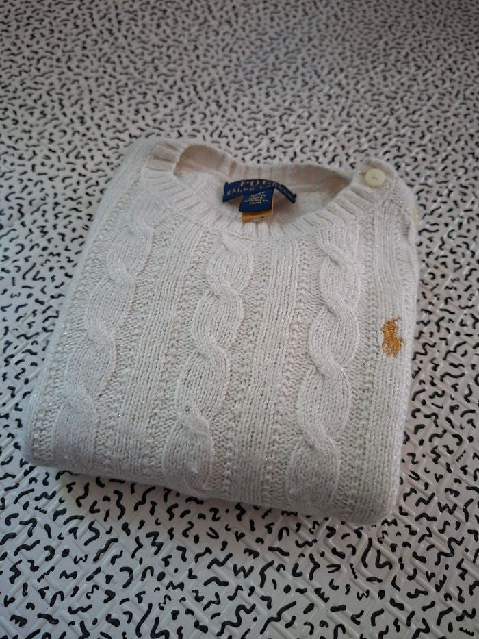 Pull torsadé blanc écru pailleté Polo Ralph Lauren - bébé 2 ans - seconde main pailleté
