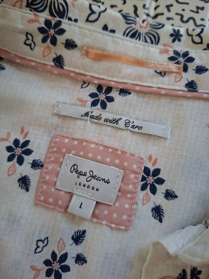 Chemise fleurie Pepe Jeans London femme taille L 100% coton blanc rose bleu