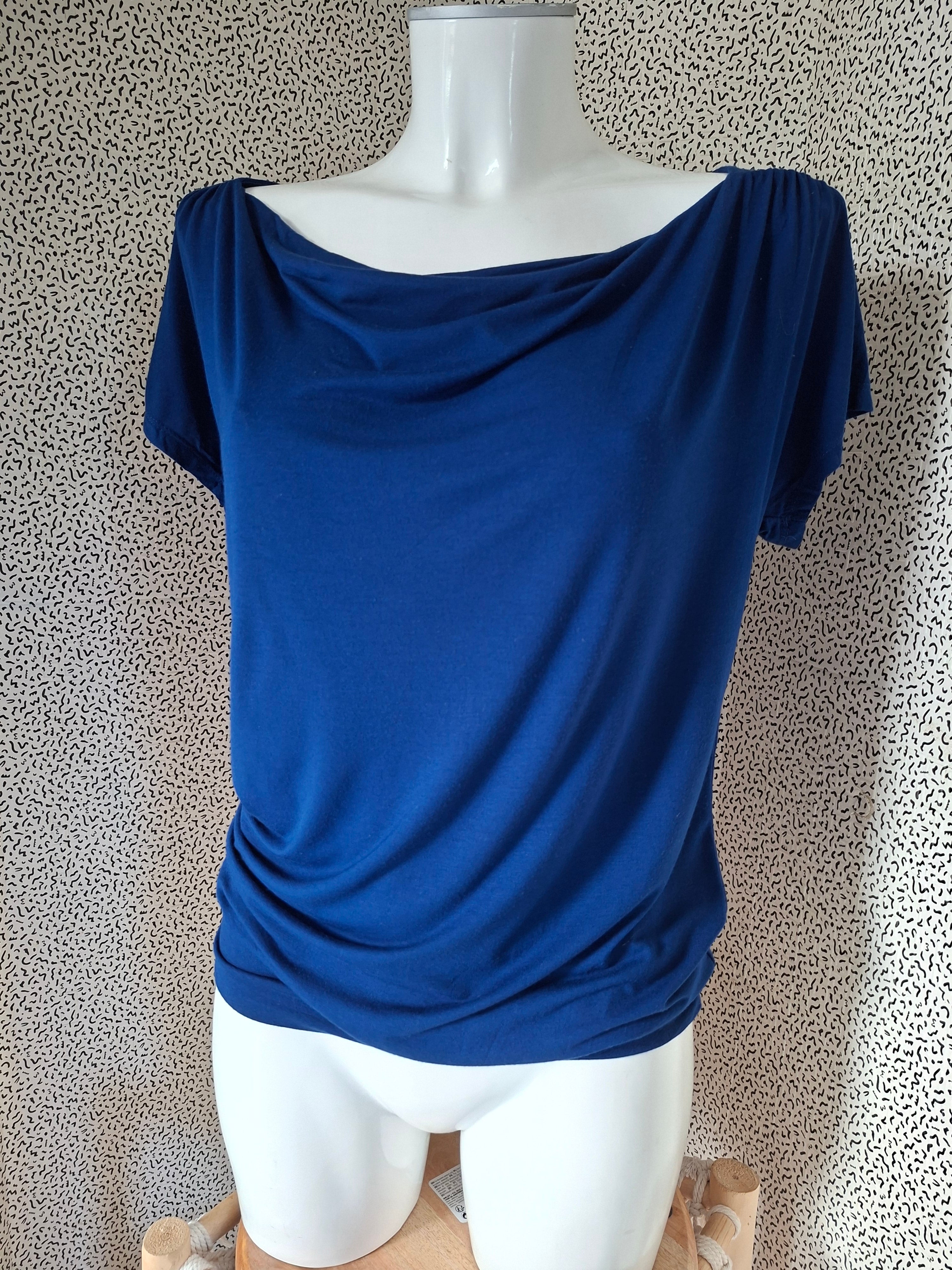 Top femme Cache Cache bleu – col bénitier drapé – fluide T40