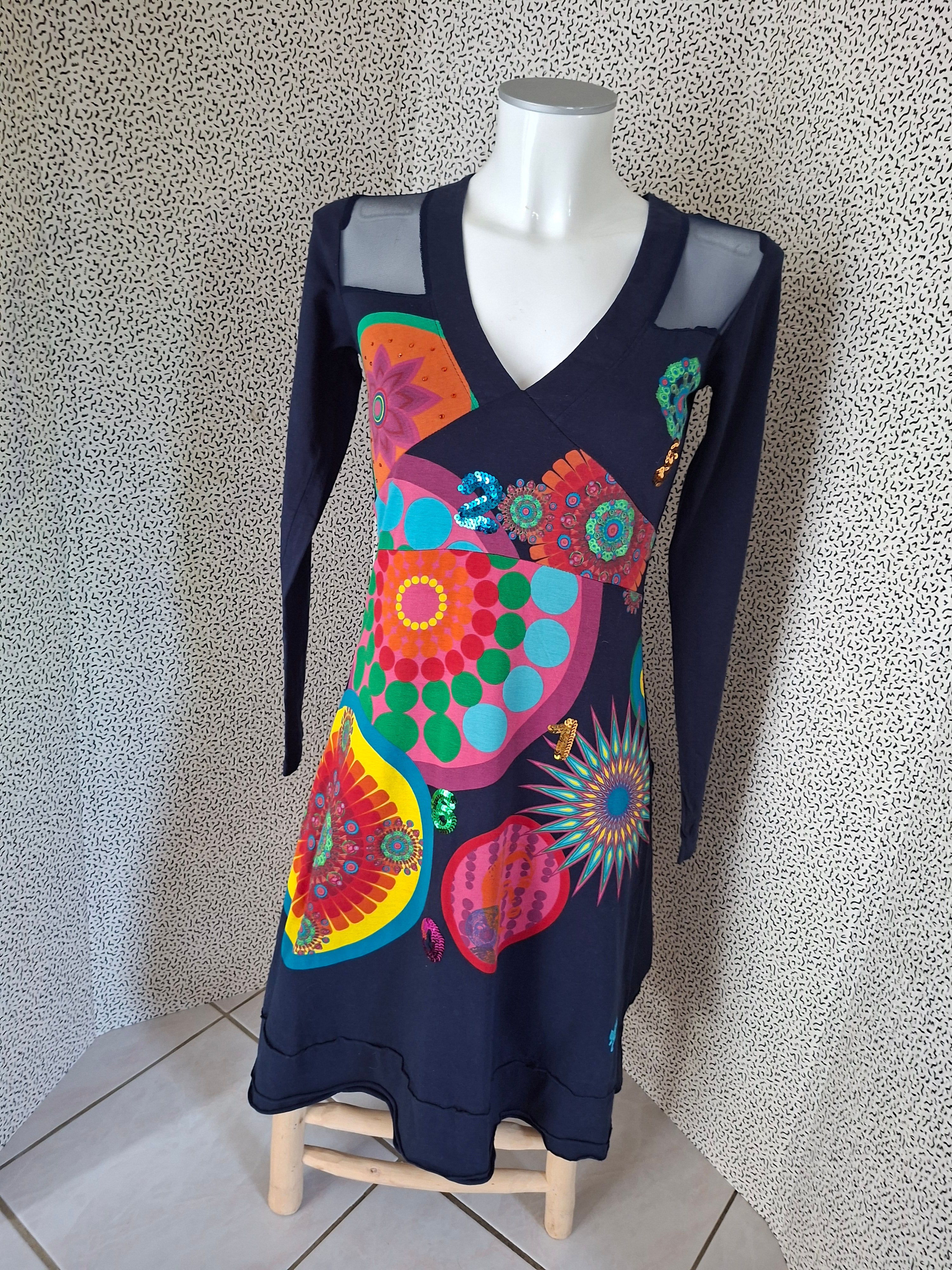Robe Desigual femme S bleu marine multicolore sequins 100% coton
