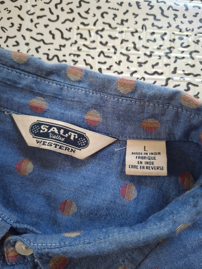 Chemise Salt Valley Western Homme L Bleu Denim Pois Boutons Pression Coton