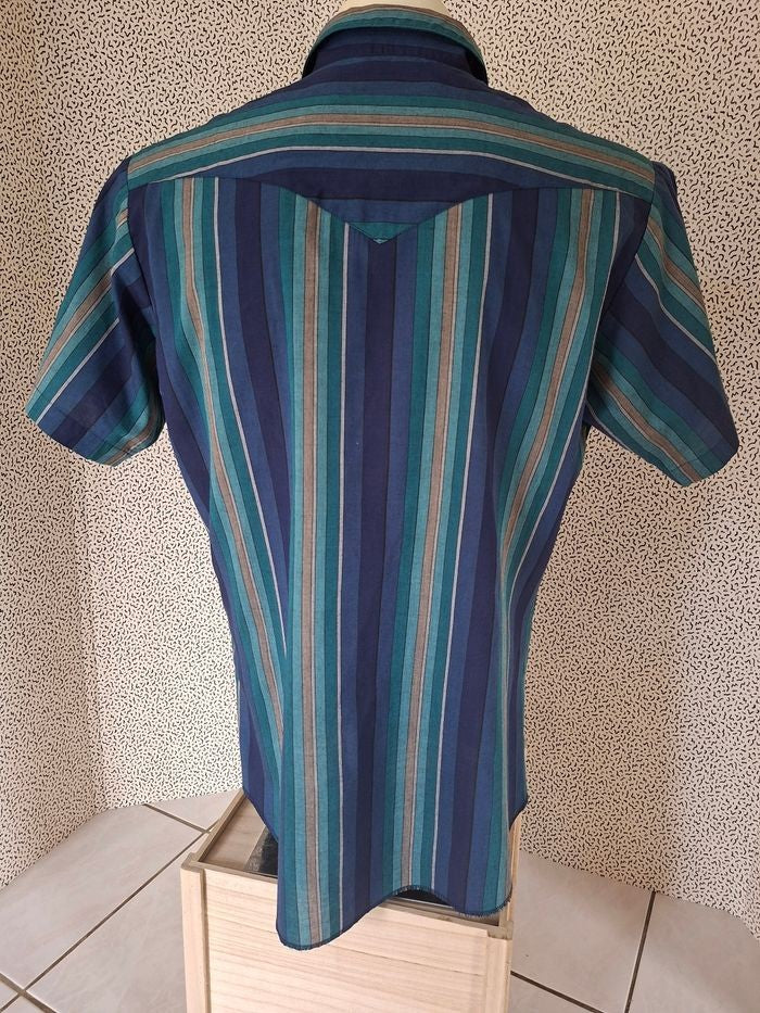 Chemise Wrangler Western homme XL rayée bleu turquoise boutons-pression nacrés