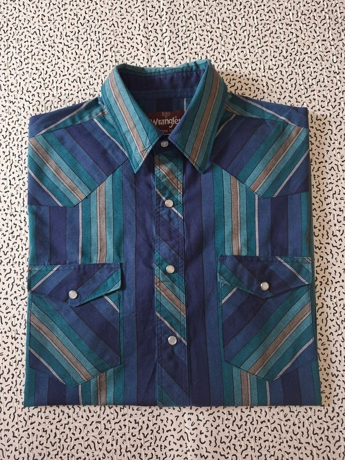 Chemise Wrangler Western homme XL rayée bleu turquoise boutons-pression nacrés