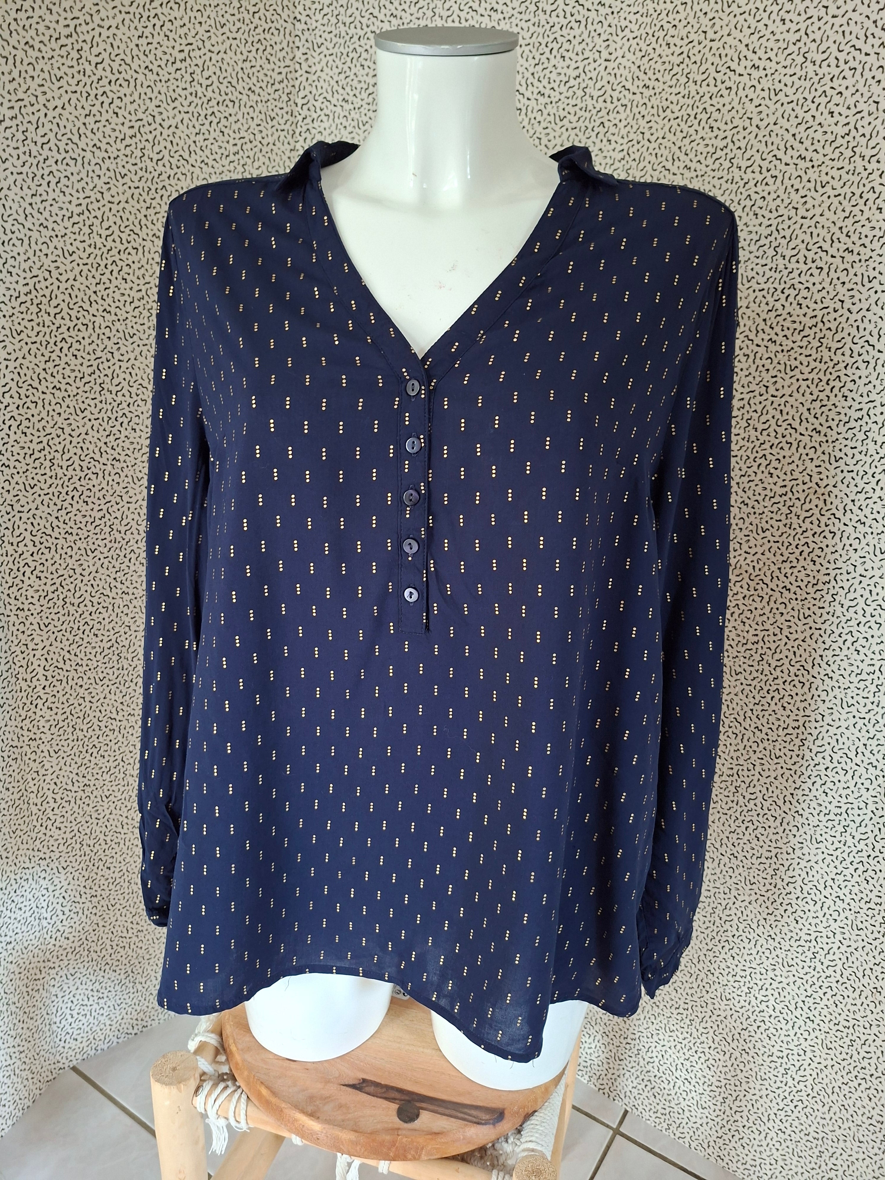 Blouse Cache Cache bleu marine motifs dorés – 40/42