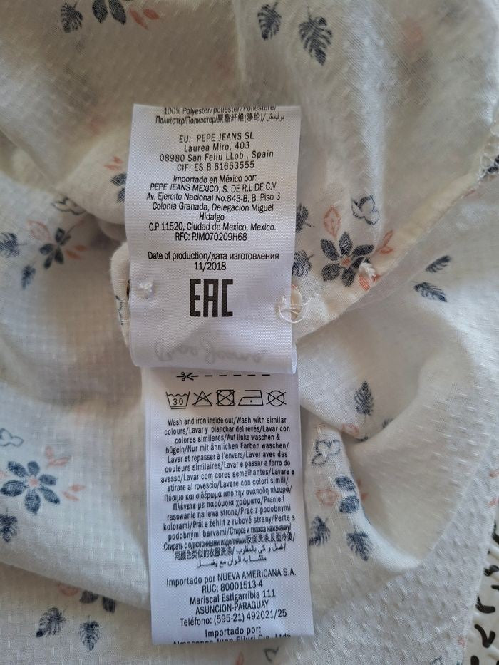 Chemise fleurie Pepe Jeans London femme taille L 100% coton blanc rose bleu