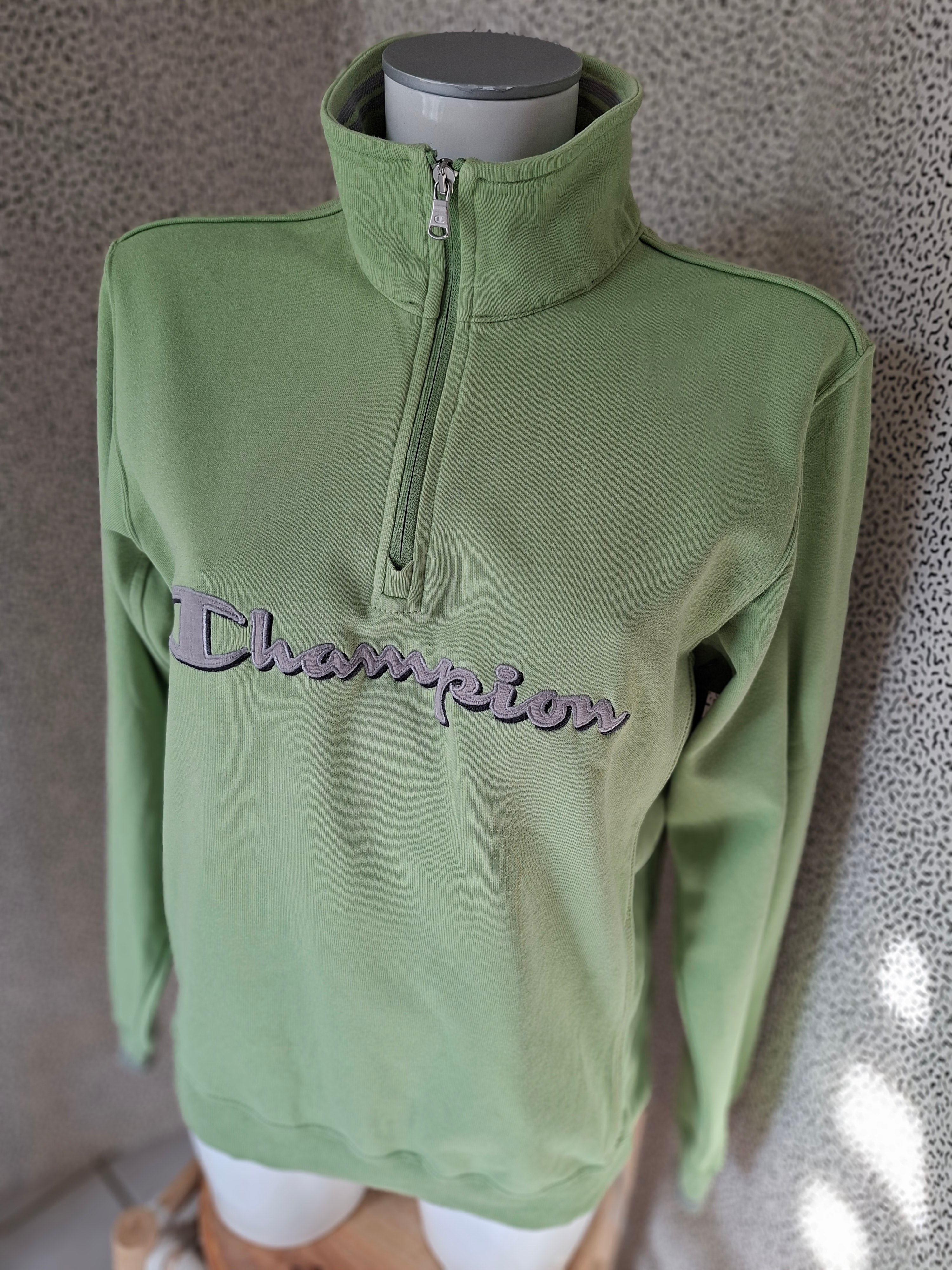 Titre : Sweat Champion femme M vert pastel col zippé 1/4 logo brodé vintage