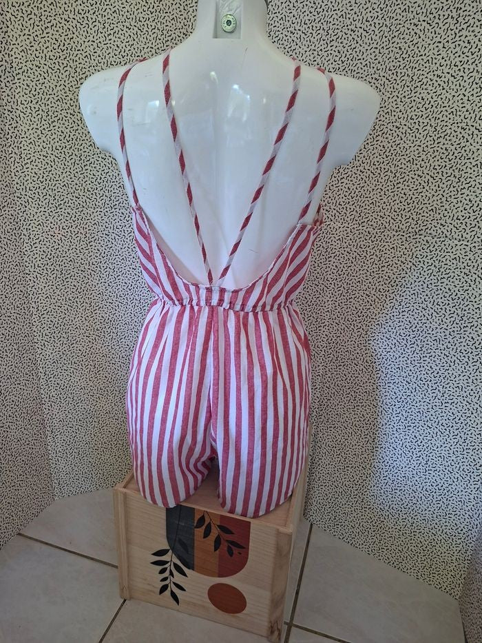 Combishort rayé rouge clair et blanc dos nu femme T38/M 100% coton